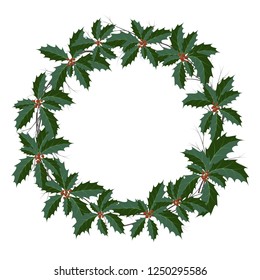 Christmas wreath of holly on white background. Circle frame for Christmas decoration, cards. Simbol of Christmas holidays. Vector illustration.