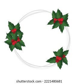 Christmas wreath with holly on a white. Red berries with green foliage. Gray circle. Vector illustration. Winter. Holiday. 
