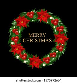 Christmas Wreath of holly with red berries decorated Christmas flowers poinsettia, gold stars and bubbles isolated on black background. Vector illustration.
