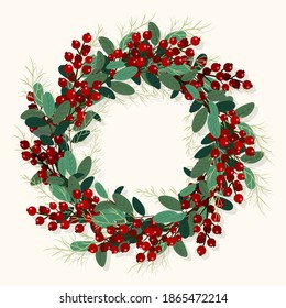 Christmas wreath of holly with red berries. Green leaf with a greeting Merry Christmas. New Year holiday celebration in December.