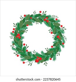 Christmas wreath of holly with red berries and pine branches on an isolated white background. 