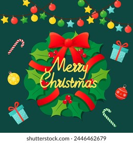 Christmas wreath of holly with red berries. Green leaf with a greeting Merry Christmas. Chirstmas ornament vector illustration.