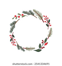 Christmas wreath of holly with red berries. Green leaf with a greeting Merry Christmas. New Year holiday celebration in December. Hand drawn cozy winter elements isolate on white.