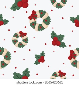 Christmas wreath with holly seamless pattern on white background. vector Illustration.
