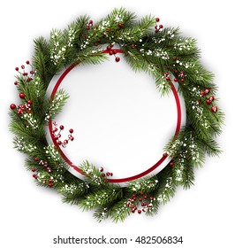 Christmas Wreath With Holly And Snowflakes. Vector Illustration.