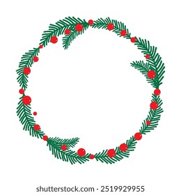 Christmas wreath with holly. Vector Christmas wreath. Doodle Christmas wreath.