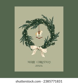 Christmas wreath and horse. Winter greeting card, print, packaging