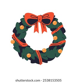 Christmas wreath icon or frame isolated on background. Vector sticker or sign. New Year home decoration with ribbon and balls. Evergreen forest plant branches woven to circle for the door decor.