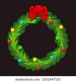 Christmas wreath icon or frame isolated. Vector sticker or sign. New Year home decoration with red ribbon bow for your icon. Evergreen forest plant branches woven to circle for the door decor