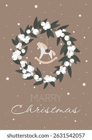 Christmas wreath icon or frame isolated on background. Vector sticker or sign. New Year home decoration with Snowberry  and horse. Snowberry branchesset woven in a circle for door decor.