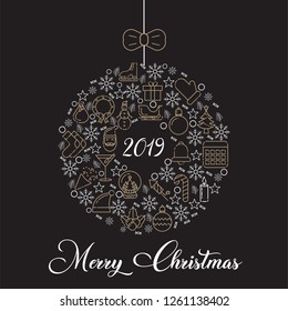 Christmas wreath icon. Lovely Merry Xmas concept. Christmas frame with decorations, celebration card, fir tree branches, holly, lettering, hand drawn elements, vector illustration - Vector. Christmas 