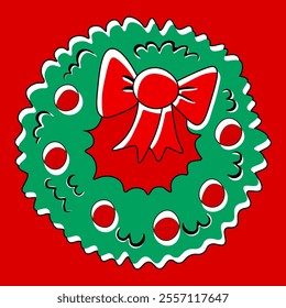 Christmas wreath icon with mistletoe. Vector illustration isolated on red background. 