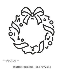 Icono de la corona de Navidad, corona de pino con arco, decoraciones de Navidad, vacaciones de invierno, año nuevo, delgada línea sobre fondo blanco - Ilustración vectorial editable EPS10