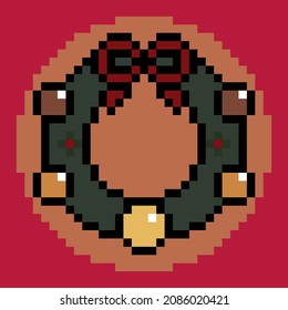 Christmas Wreath Icon in Pixel Drawing Style.