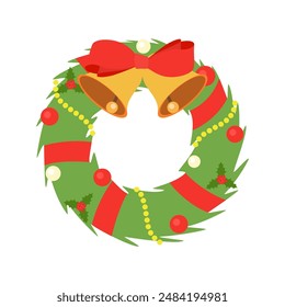 Christmas wreath icon with red bow. isolated on white background for holiday decoration design. Vector illustration in flat style