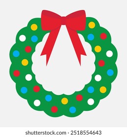 Christmas wreath icon with red ribbon bow. Green pine wreath with round toy ball. Cute cartoon New Year decoration sign symbol. element. Childish style. Flat design. White background. Isolated. Vector