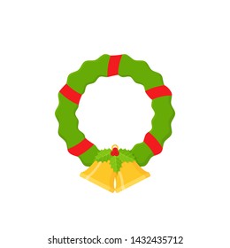 Christmas wreath icon. Vector. Fir tree wreath with red ribbon, mistletoe and bells. Holiday symbol isolated on white background in flat design. Cartoon colorful illustration.