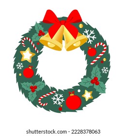 Christmas wreath icon.Christmas wreath with bells, bow, balls, star. Decorated wreath. 