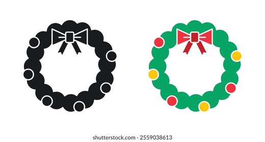Christmas wreath icons in black and colored version