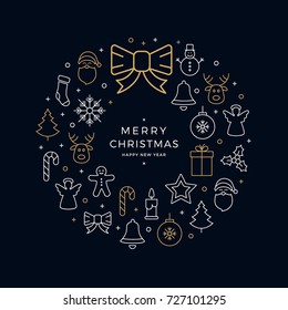 christmas wreath icons elements circle golden blue background