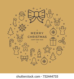 christmas wreath icons elements circle golden background