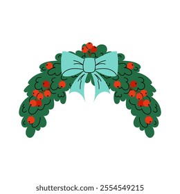 Christmas wreath with ilex berries and blue bow. Spruce arch. Frame or border for card, poster, invitation. Flat vector illustration on white background.