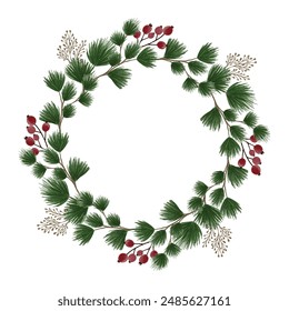 christmas wreath illustration, circle frame with leaf and berries border