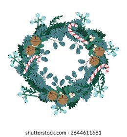 Christmas wreath illustration. Hand drawn foliage with blue berries, candy canes, golden bells, and mistletoe. Festive holiday decor in flat cartoon style on white background. Vector illustration