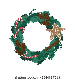 Christmas wreath illustration. Hand drawn pine branches with candy canes, pine cones, cinnamon stick, and gingerbread star. Festive holiday decor in flat cartoon style on white background. Vector