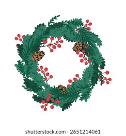 Christmas wreath illustration. Hand drawn evergreen branches, red berries, and pine cones. Festive holiday decor in flat cartoon style on white background. Vector illustration