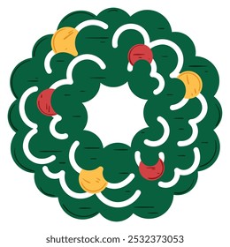 Christmas wreath illustration with red and yellow baubles, Vector