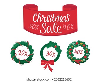 Christmas wreath illustration set for shopping sale. Vector stock illustration isolated on background for print stickers, tags, greeting card, sales label. EPS10