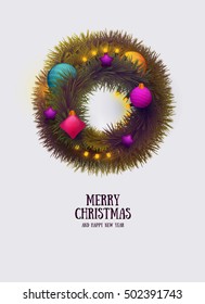 Christmas wreath illustration.new year poster with decorative brunches, garlands, and balls