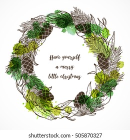 Christmas wreath with the inscription greeting, beautiful card.