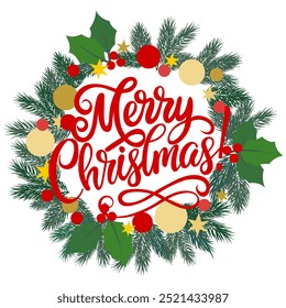 Christmas wreath with the inscription Merry Christmas. Element of New Year design. Decorative ornament. Vector graphics Isolated on transparent background