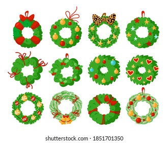 Christmas wreath isolated design elements, green pine wreath with festive Christmas or New Year decorations, such as golden bell, leopard print bow, bulbs, stars - vector clipart images