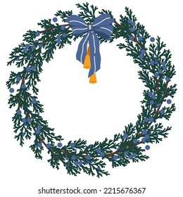 Christmas Wreath With Juniper, Blue Bow And Bells.