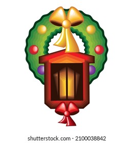 christmas wreath and lamp icon flat