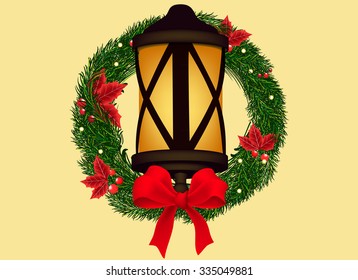 christmas wreath and lamp vector