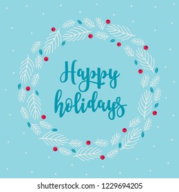 Christmas wreath with leaves, fir branches, berries, snow on blue background. Perfect for holiday greeting cards