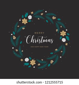 Christmas wreath with leaves, flowers and pine branches on the black background. Unique design for your greeting cards, banners, flyers. Vector illustration in modern style.