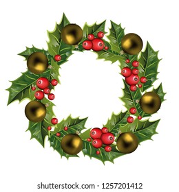 Christmas wreath with leaves and holly berries and balls.
