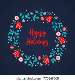 Christmas wreath with leaves, snowflakes, balls and bells on dark blue background. Perfect for holiday greeting cards