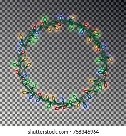Christmas wreath light string isolated on transparent background. Realistic vector effect. Winter xmas illustration.