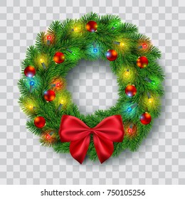 christmas wreath with lights, baubles and red ribbon bow decoration, vector illustration