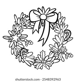 Navidades corona, dibujo de líneas, Ilustración vectorial
