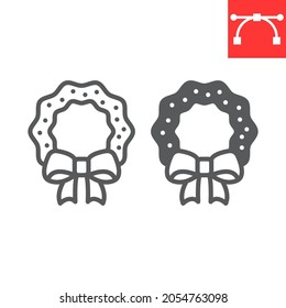 Christmas Wreath Line And Glyph Icon, Holiday And Xmas, Christmas Wreath Vector Icon, Vector Graphics, Editable Stroke Outline Sign, Eps 10.