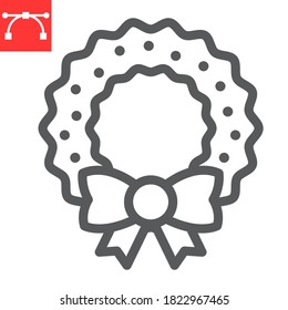 Christmas wreath line icon, merry christmas and xmas, christmas decorative sign vector graphics, editable stroke linear icon, eps 10