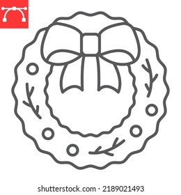 Christmas wreath line icon, new year and decoration, christmas wreath vector icon, vector graphics, editable stroke outline sign, eps 10.