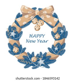 Christmas wreath made of blue spruce branches with a bow, bells and stars in blue, silver and gold colors. Vector, white background, isolated.